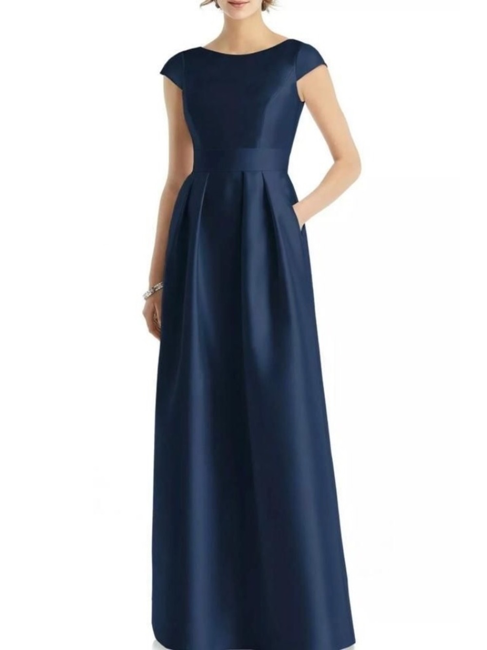 Alfred Sung Midnight Blue Satin A-Line Cap Sleeve Pleated Skirt Dress w/ Pockets - Picture 3 of 14